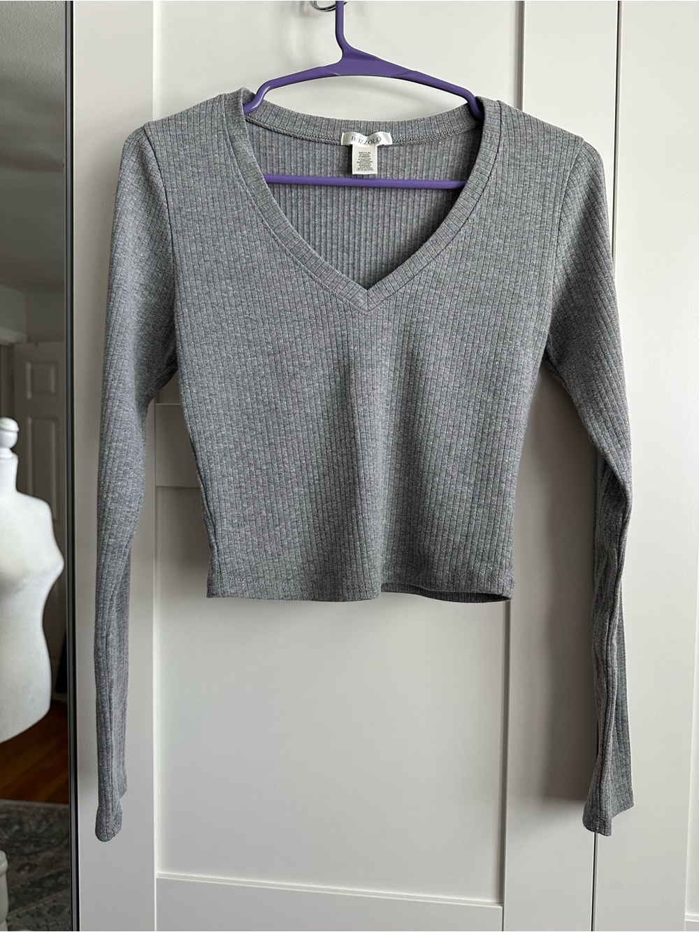Gray Ribbed V-Neck Cropped Long Sleeve Top